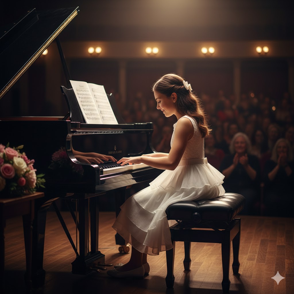 Piano performance and music sheets